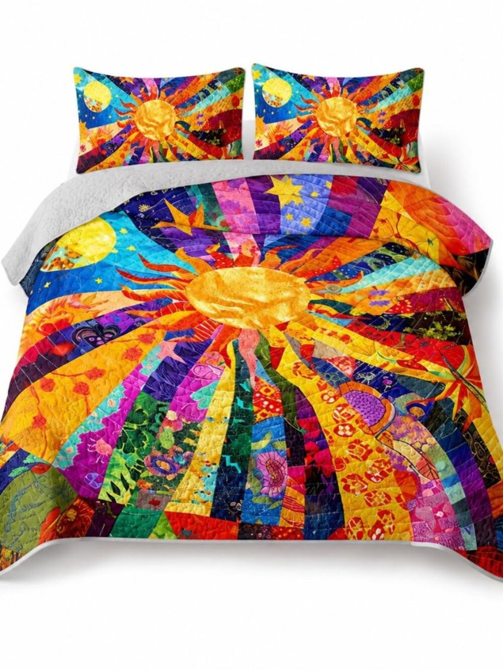 Colorful Sun and Moon Quilt Set Twin Size, Bohemian Sun Colorful Abstract